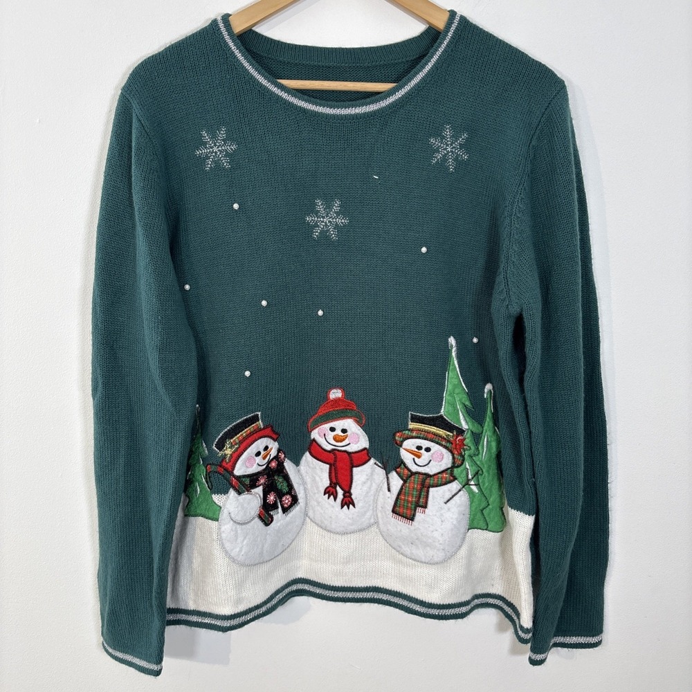Vintage Felt Snowman Winter Ugly Christmas Sweater Green Beaded Medium Snow